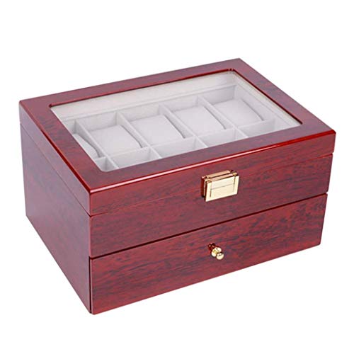 QXYAmj Cajas para Joyas De Gama Alta de 2 Capas Caja de Reloj de Pulsera de Madera del Reloj de la Caja de almacenaje con Ventana Transparente Bloqueo del Compartimento de la Caja de joyería