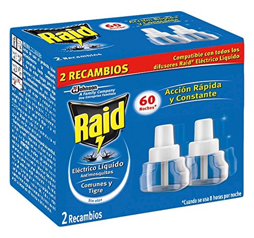 Raid Eléctrico Líquido Antimosquitos - 2 Recambios para 60 Noches compatibles con todos los Difusores Raid, Acción Rápida y Constante contra Mosquitos Comunes y Tigre