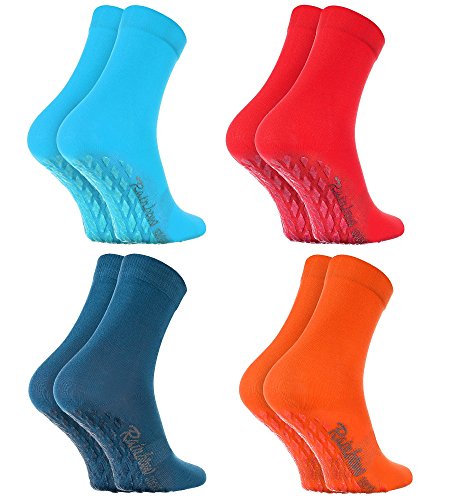Rainbow Socks - Hombre Mujer Calcetines Antideslizantes ABS Colores de Algodón - 4 Pares - Azul Rojo Turquesa Amarillo - Talla 44-46