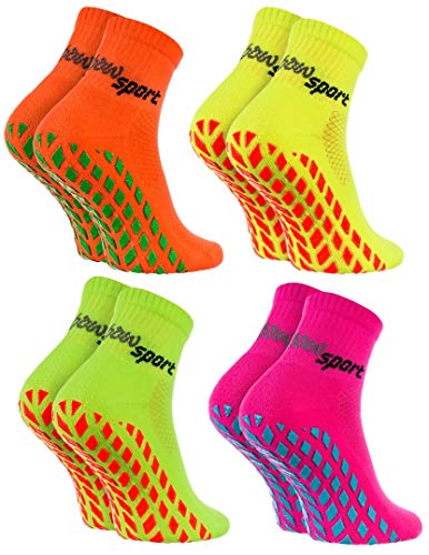 Rainbow Socks - Hombre Mujer Calcetines Antideslizantes de Deporte - 4 Pares - Naranja Verde Amarillo Rosa - Talla 36-38