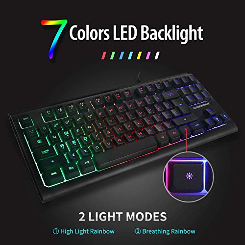 Rainbow - Teclado retroiluminado con luz LED de 87 teclas para juegos, teclado compacto con 12 teclas de acceso directo multimedia, teclado USB con cable para PC Gamers Office