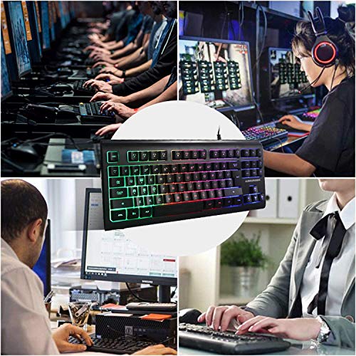 Rainbow - Teclado retroiluminado con luz LED de 87 teclas para juegos, teclado compacto con 12 teclas de acceso directo multimedia, teclado USB con cable para PC Gamers Office