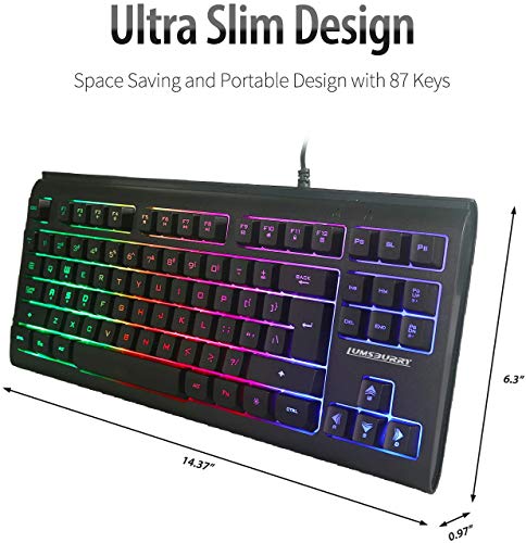 Rainbow - Teclado retroiluminado con luz LED de 87 teclas para juegos, teclado compacto con 12 teclas de acceso directo multimedia, teclado USB con cable para PC Gamers Office