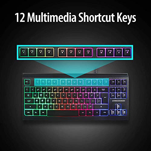 Rainbow - Teclado retroiluminado con luz LED de 87 teclas para juegos, teclado compacto con 12 teclas de acceso directo multimedia, teclado USB con cable para PC Gamers Office