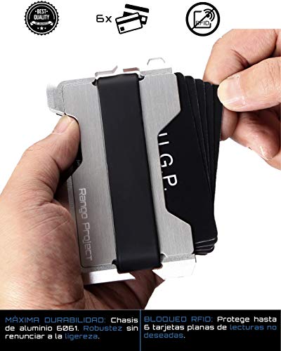 Rango Elegance: Cartera Tarjetero Hombre Minimalista de Piel y Metal (Aluminio) con Protección Antirrobo (Bloqueo RFID/NFC) Carteras Pequeñas y Compactas para 8 Tarjetas Diseñadas en España