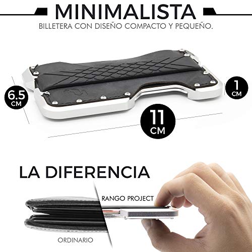 Rango Elegance: Cartera Tarjetero Hombre Minimalista de Piel y Metal (Aluminio) con Protección Antirrobo (Bloqueo RFID/NFC) Carteras Pequeñas y Compactas para 8 Tarjetas Diseñadas en España