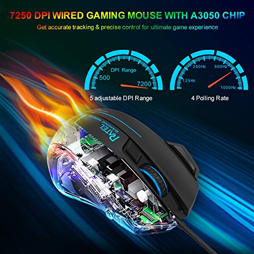 Ratón para Gaming Cable, WisFox Ratones de Juego Ergonómicos con 7 Botones Programables, 7 Chroma RGB Luz de Fondo, Alta Precisión 7250 DPI Ajustable, Botón de Fuego, Ratones Ópticos de Juego para Pro