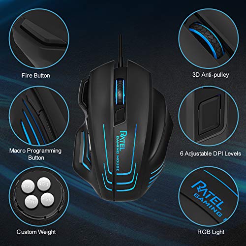 Ratón para Gaming Cable, WisFox Ratones de Juego Ergonómicos con 7 Botones Programables, 7 Chroma RGB Luz de Fondo, Alta Precisión 7250 DPI Ajustable, Botón de Fuego, Ratones Ópticos de Juego para Pro