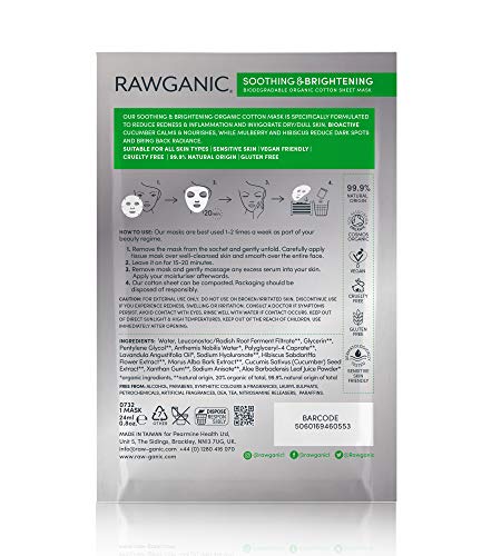 RAWGANIC Máscara de Sábana Orgánica Suave, Hipoalergénica y Biodegradable de Algodón Orgánico con Pepino, Morera e Hibisco (1 mascarilla)