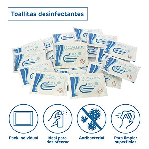 RC ocio Pack de 100 Toallitas desinfectantes de Manos y Superficies Desechables 60 x80 mm con 70% - 75% de Alcohol desinfectante Ideal para Manos, moviles, Pantallas