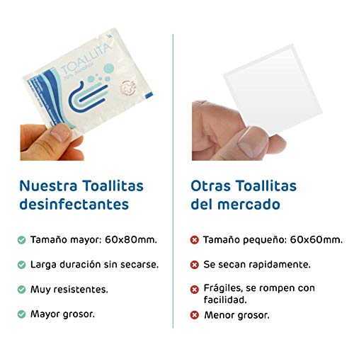 RC ocio Pack de 100 Toallitas desinfectantes de Manos y Superficies Desechables 60 x80 mm con 70% - 75% de Alcohol desinfectante Ideal para Manos, moviles, Pantallas