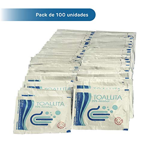 RC ocio Pack de 100 Toallitas desinfectantes de Manos y Superficies Desechables 60 x80 mm con 70% - 75% de Alcohol desinfectante Ideal para Manos, moviles, Pantallas