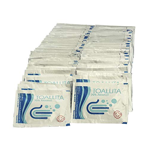 RC ocio Pack de 100 Toallitas desinfectantes de Manos y Superficies Desechables 60 x80 mm con 70% - 75% de Alcohol desinfectante Ideal para Manos, moviles, Pantallas