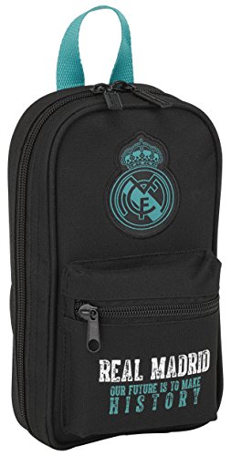 Real Madrid FC - Plumier forma de mochila con 4 portatodos llenos (safta 411777747), Negro