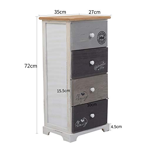 Rebecca Mobili Cajonera 4 cajones, mesilla de Noche Vintage, para Dormitorio baño, Madera de Paulownia, Blanco Gris - Medidas: 72 x 35 x 27 cm (AxANxF) - Art. RE4333
