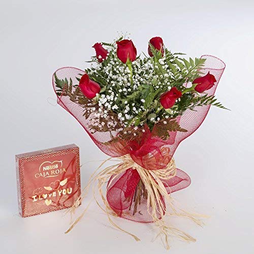REGALAUNAFLOR-Ramo de 6 rosas rojas naturales y bombones FLORES FRESCAS-ENTREGA EN 24 HORAS DE MARTES A SABADO.
