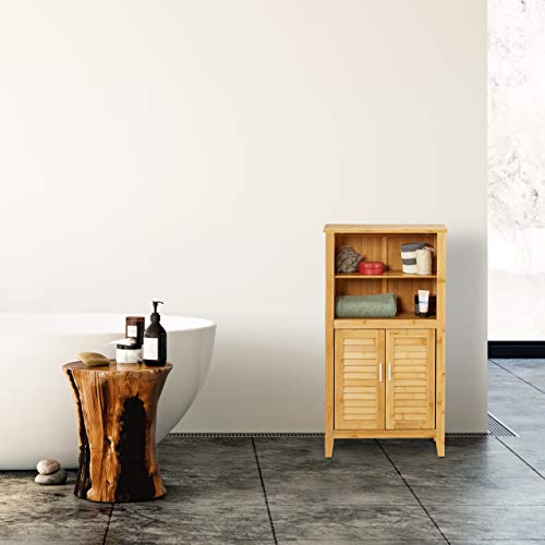 Relaxdays Lamell Armario de baño de bambú, 92 x 50 x 25 cm, con 2 Asas y Puertas, Armario de baño o Armario Auxiliar con estantes de Madera, Color Natural