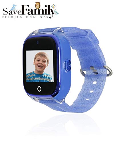 Reloj con GPS para niños SaveFamily Superior acuático con cámara Azul Glitter. Smartwatch con botón SOS, Permite Llamadas y Mensajes. Resistente al Agua Ip67. App Propia SaveFamily. Incluye Cargador