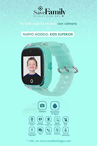 Reloj con GPS para niños SaveFamily Superior acuático con cámara Verde Glitter. Smartwatch con botón SOS, Permite Llamadas y Mensajes. Resistente al Agua Ip67. App Propia SaveFamily. Incluye Cargador
