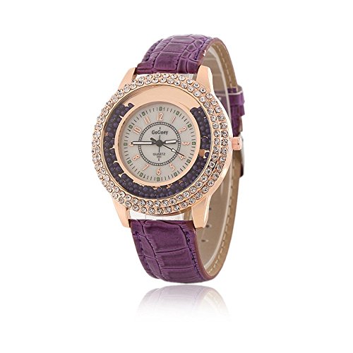 Reloj de cuarzo para mujer con correa de cuero, diseño con piedras brillantes pequeñas, color morado