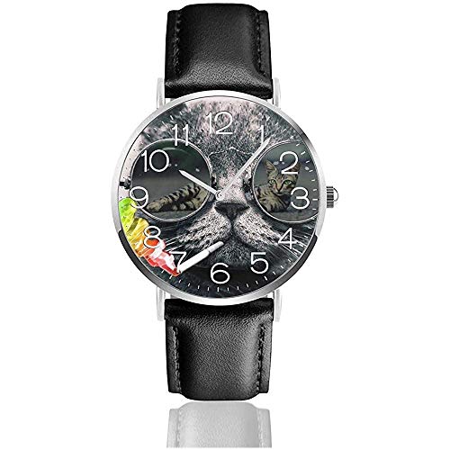 Reloj de Cuero Relojes de Pulsera Casuales para Unisex, Relojes de Moda Gato con Reloj de Sol
