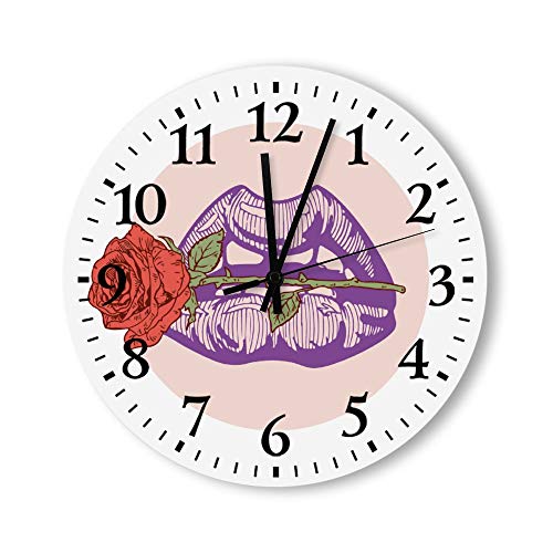 Reloj de pared de madera con números grandes, diseño de pintalabios morados y rosas rojas, decoración de madera para oficina/cocina/dormitorio/sala de estar