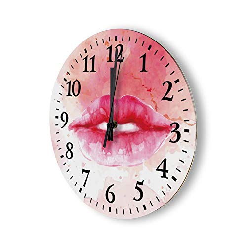 Reloj de pared de madera de 12 pulgadas, con números grandes, diseño de acuarela, color rosa, pintalabios de belleza, boca, decoración de madera para oficina/cocina/dormitorio/sala de estar
