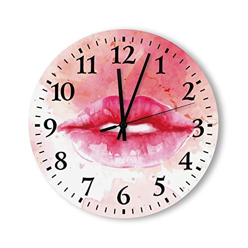 Reloj de pared de madera de 12 pulgadas, con números grandes, diseño de acuarela, color rosa, pintalabios de belleza, boca, decoración de madera para oficina/cocina/dormitorio/sala de estar