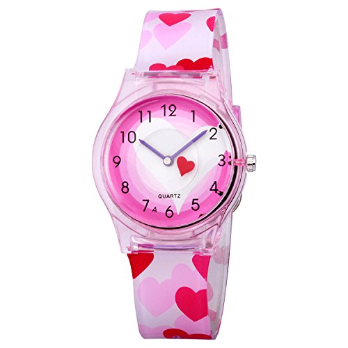 Reloj Deportivo Relojes de Pulsera de Cuarzo analogico para ninos Reloj Nina Chica Infantil KW047 Reloj Deportivo Reloj de Cuarzo para niñas Corazón Rosa