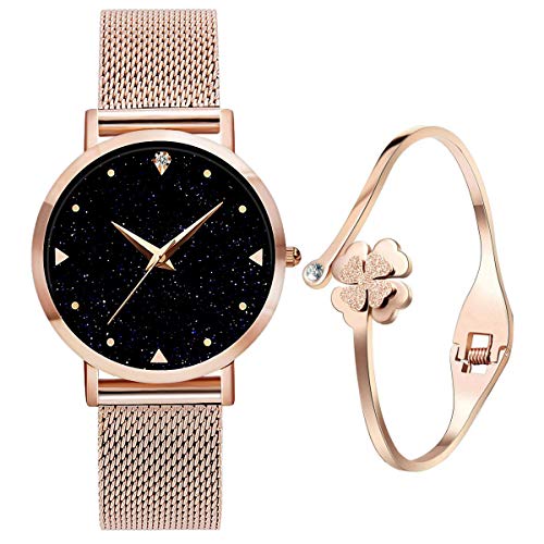 Relojes de Cuarzo analógicos para mujer niña de Agua 3ATM con Correa de Malla de Acero Inoxidable en Oro Rosa, Reloj de Pulsera con Elegante Esfera Azul y Cielo Estrellado