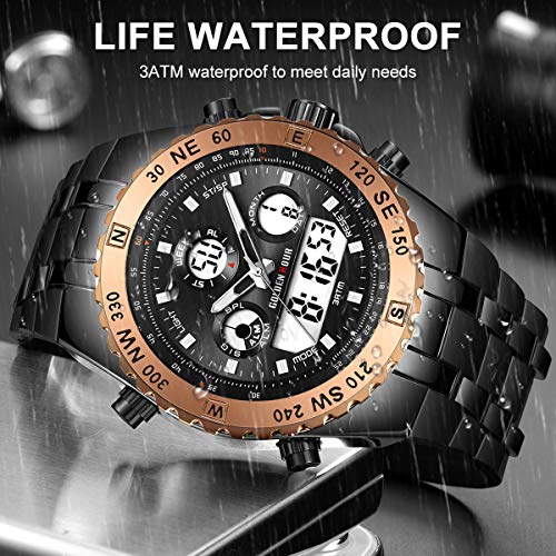 Relojes Gruesos para Hombres, cronómetro Deportivo Resistente al Agua, Gran Rostro, Alarma de Fecha, Digital Ligero, Reloj de Pulsera analógico Militar de Acero Inoxidable con Banda de Goma