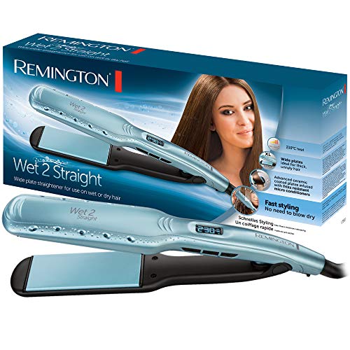 Remington Wet 2 Straight S7350 - Plancha de Pelo, Cerámica, Digital, para el Cabello Seco y Húmedo, Resultados Profesionales, Azul