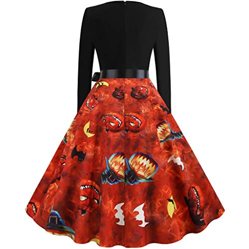 Reooly Nuevo Vestido de Mujer con Estampado de Calabaza de Halloween Vestido de Fiesta Medieval con Cuello Redondo y Cremallera Hepburn