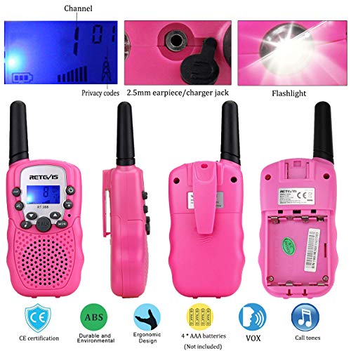 Retevis RT388 Walkie Talkie Niños PMR446 8 Canales LCD Pantalla Función VOX 10 Tonos de llamada Linterna Incorporado Walkie Talkie Niñas Juguete Regalo para Niños (Rosa, 1 Par)