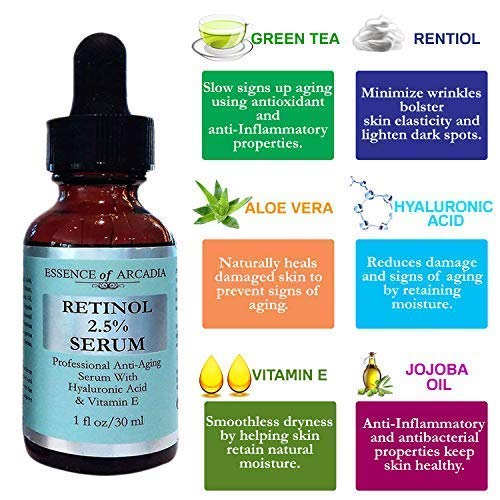 Retinol 2,5% Suero por esencia de Arcadia, profesional fuerza Anti- Envejecimiento fórmula con ácido hialurónico y vitamina E, reducir las arrugas, Fade Dark Spots