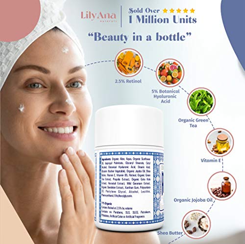 Retinol Cream Moisturizer for Face and Eyes, Use Day and Night - for Anti Aging, Acne, Wrinkles - made with Natural and Organic Ingredients - 1.07 OZ by LilyAna Naturals