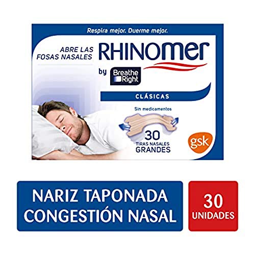 Rhinomer by Breathe Right - Tiras nasales clásicas para la congestión nasal, tamaño grande - 30 unidades, Tono Claro