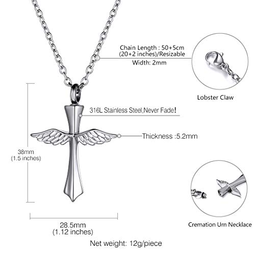 Richsteel DIY Cruz ala de Ángel Guardapelo Acero Relicario Perfume Colgante para Cenizas Urna cremación Amor Querido Recuerdo Cerca de Corazón, Cadena Acero Inoxidable Hombre Mujer Ajustable