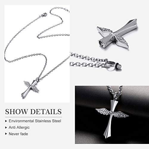 Richsteel DIY Cruz ala de Ángel Guardapelo Acero Relicario Perfume Colgante para Cenizas Urna cremación Amor Querido Recuerdo Cerca de Corazón, Cadena Acero Inoxidable Hombre Mujer Ajustable
