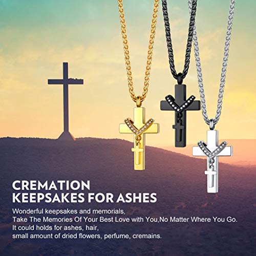 Richsteel DIY Guardapelo Colgante para Cenizas Doble Cruz Amuleto Recuerdo Amor Base Acero Inoxidable, Relicario Perfume Urna de Cremación, Cadena Acero Inoxidable Mujer Hombre, Gratis Estuche