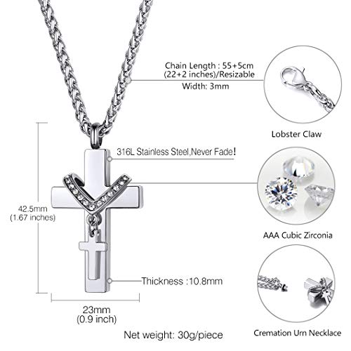 Richsteel DIY Guardapelo Colgante para Cenizas Doble Cruz Amuleto Recuerdo Amor Base Acero Inoxidable, Relicario Perfume Urna de Cremación, Cadena Acero Inoxidable Mujer Hombre, Gratis Estuche