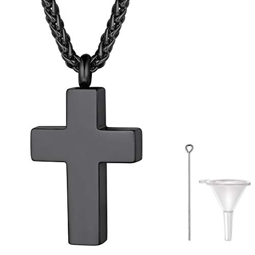 Richsteel Personalizable Cruz Negra Guardapelo Perfume Colgante para Cenizas Urna Cremación Amor Querido Recuerdo Cerca de Corazón, Cadena Acero Inoxidable Hombre Mujer, Gratis Estuche