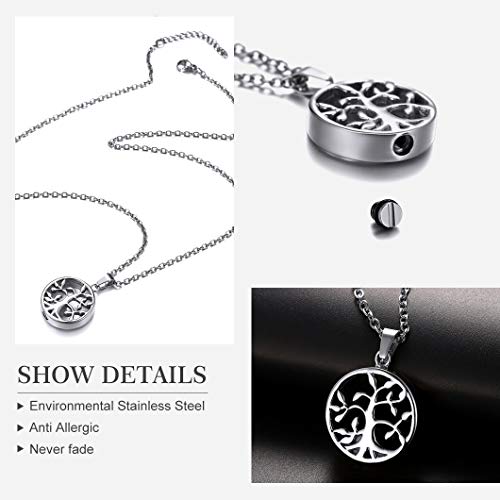 Richsteel Personalizable Guardapelo Árbol de Vida Colgante Collar Ajustable 22 Pulgadas, Acero Inoxidable, Relicario Perfume Urna cremación Cenizas Recuerdo, Regalo para Mujer Hombre
