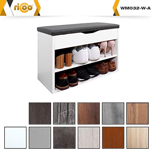 RICOO WM032-W-A, Banco Zapatero, 60x42x30cm, Armario Interior con Asiento, Organizador Zapatos, Mueble recibidor, Perchero Entrada, Madera Blanco