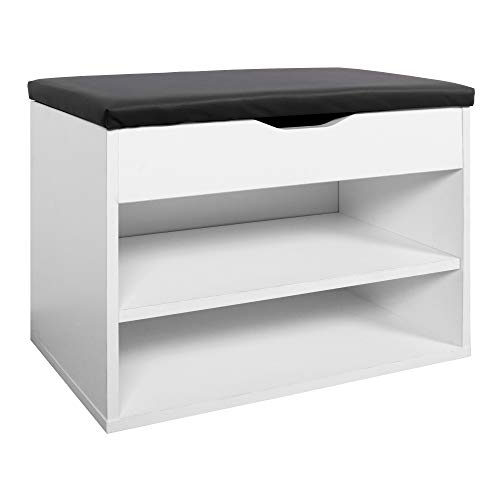 RICOO WM032-W-A, Banco Zapatero, 60x42x30cm, Armario Interior con Asiento, Organizador Zapatos, Mueble recibidor, Perchero Entrada, Madera Blanco