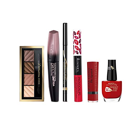 Rimmel London, Max Facto, y Bourjois pack (Mascara pestañas Volume Colourist, Lapiz ojos Long Lasting, Barra labios Rimmel London, Barra labios Bourjois, Gel uñas PerfectStay, Sombra de Ojos paleta)