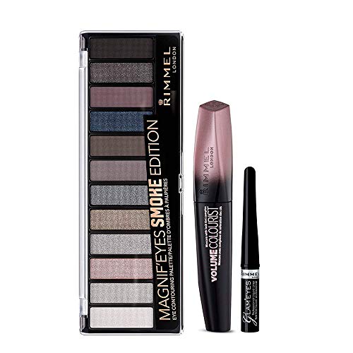 Rimmel London Pack look ojos (Incluye Paleta de Sombras Magnifeyes Palette Smoke Edition Tono 3, Delineador Liquido Tono 001-Black Glamour, Mascara de Pestañas Volume Colourist Tono Black 11 ml)