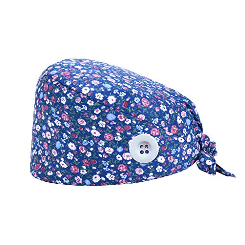 riou Gorro Quirúrgico para Hombres y Mujeres Botón Flor Corbata Algodón Gorro Quirofano Reutilizable Gorro de Cirugía para Pelo Largo Corto Gorro de Trabajo