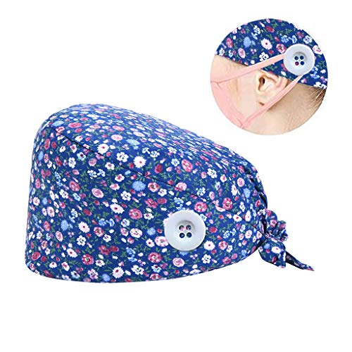 riou Gorro Quirúrgico para Hombres y Mujeres Botón Flor Corbata Algodón Gorro Quirofano Reutilizable Gorro de Cirugía para Pelo Largo Corto Gorro de Trabajo