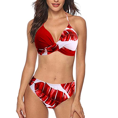 Riseado Leaf Printing Bikini Set Push Up Swimwear Women Patchwork Bathing Suit Women Halter Beachwear New Sexy Bikini Mujer Red XL